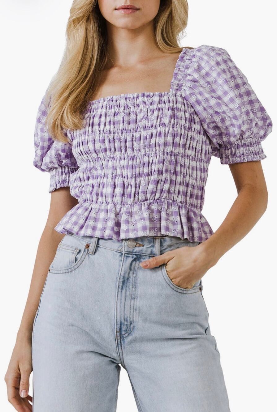English Factory WOMEN'S WOVEN SQUARE NECK GINGHAM BLOUSE